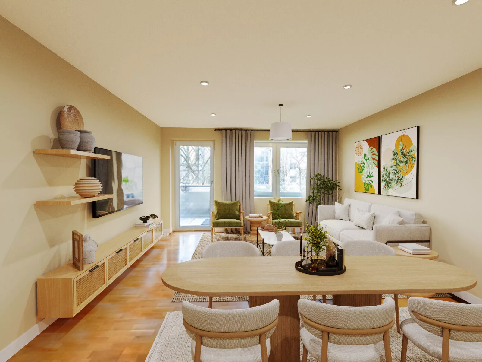 Modernes Wohnzimmer in Naturtönen mit Pflanzen