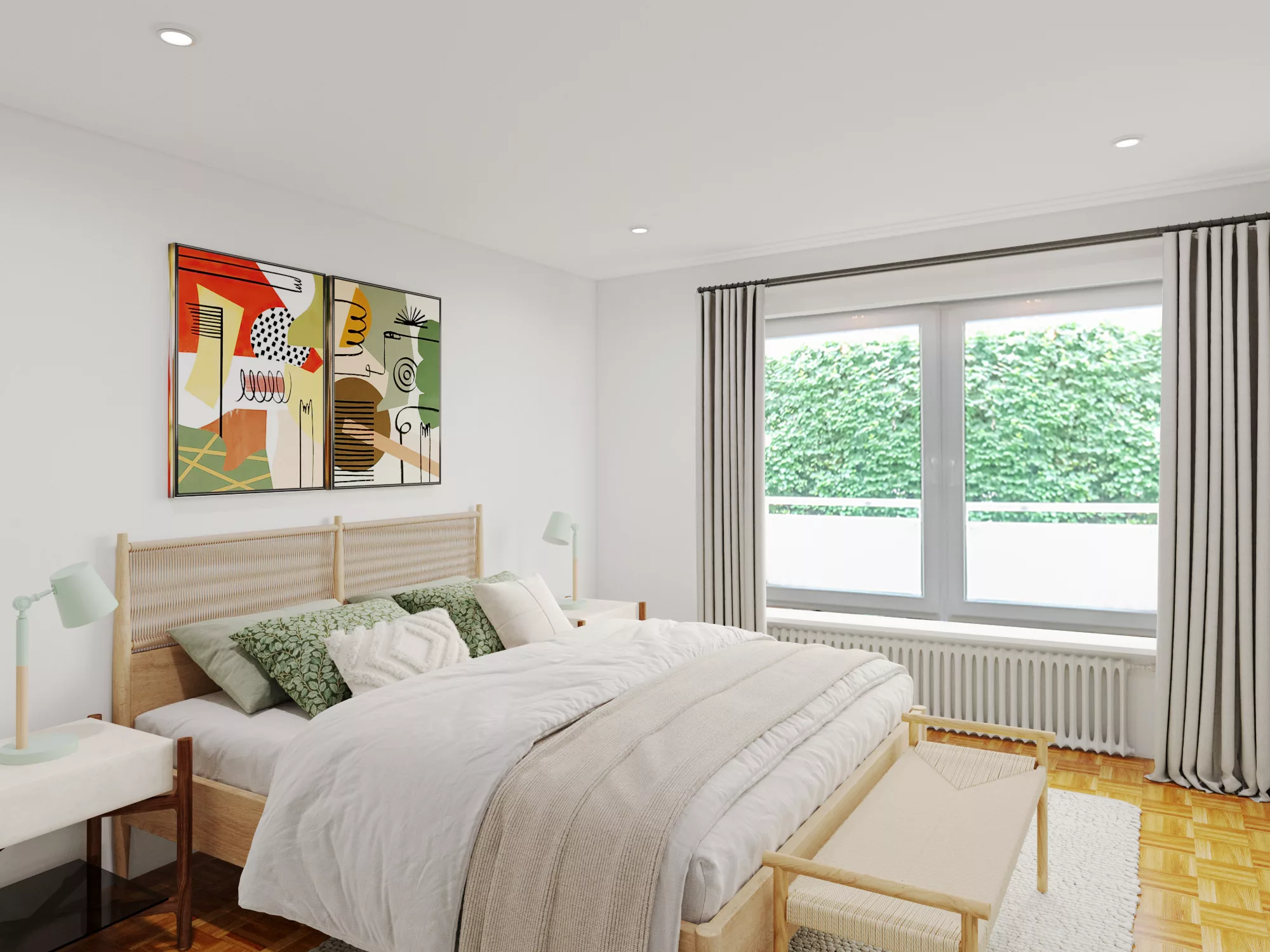 Modernes Schlafzimmer mit großen Fenstern und moderner Kunst an den Wänden