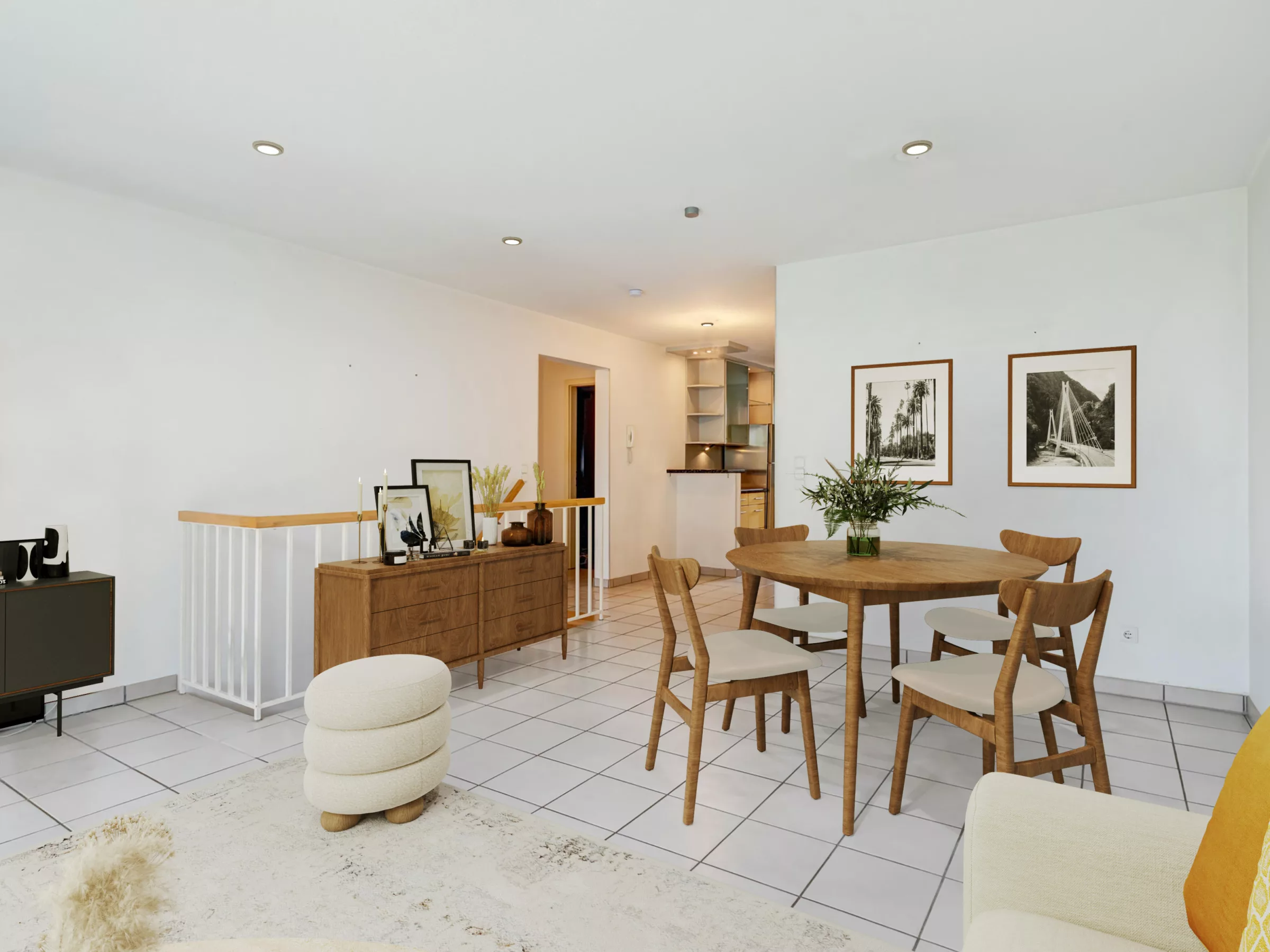 Modern eingerichtetes, helles Esszimmer mit Holzmöbeln