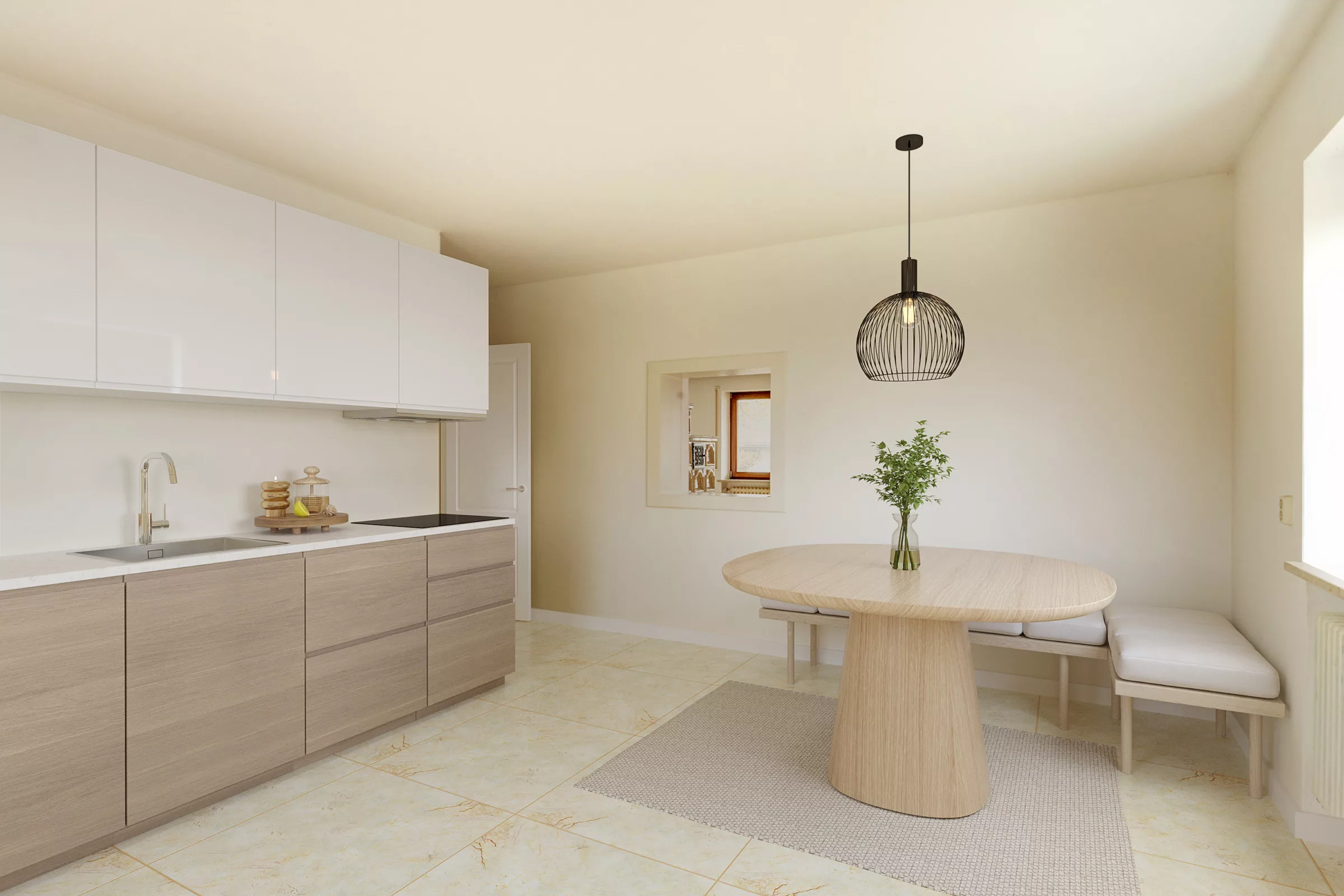 Moderne, clean eingerichtete Küche in beige Tönen