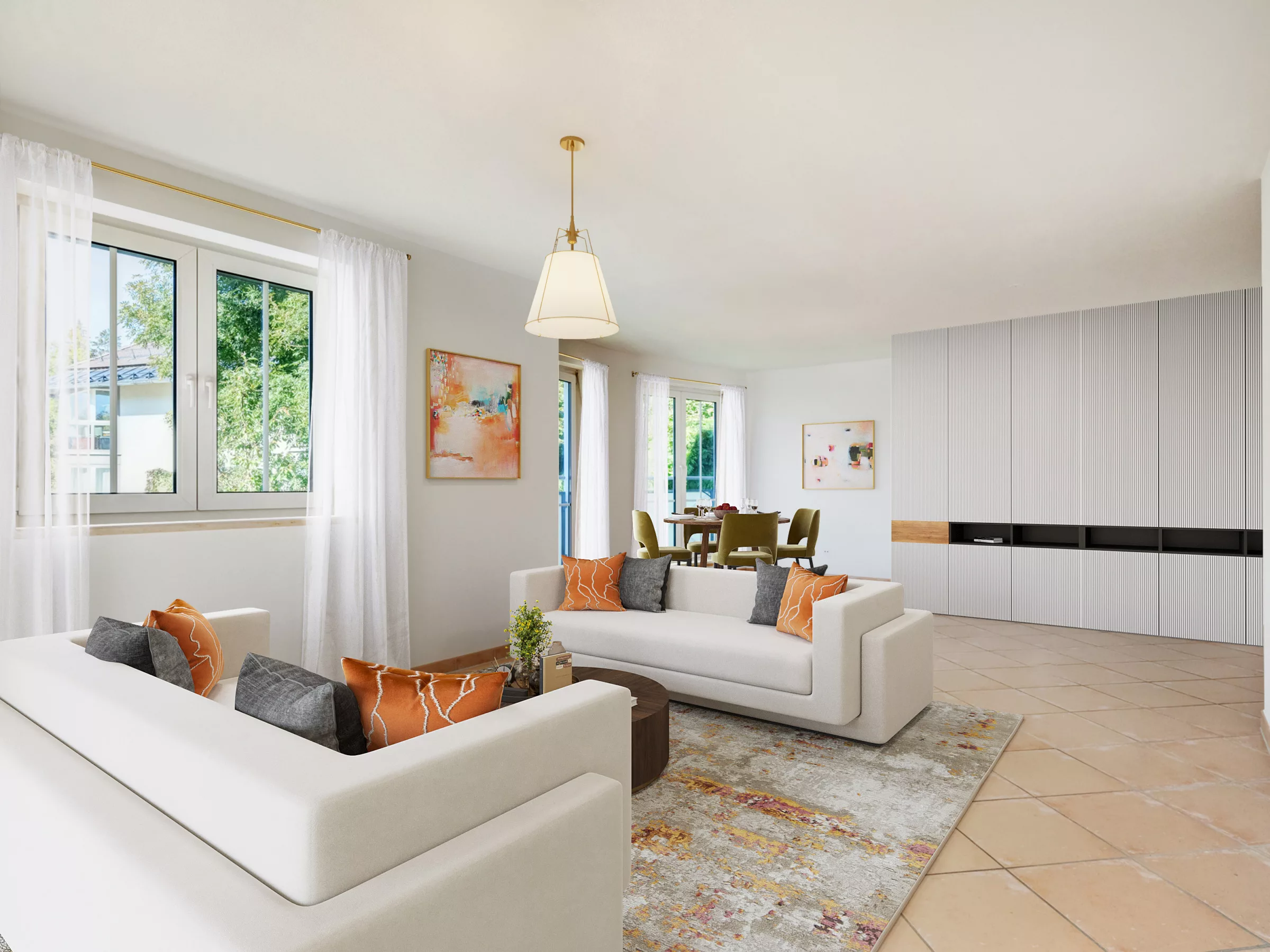 Großes Wohnzimmer mit Immobilienfotografie in Szene gesetzt