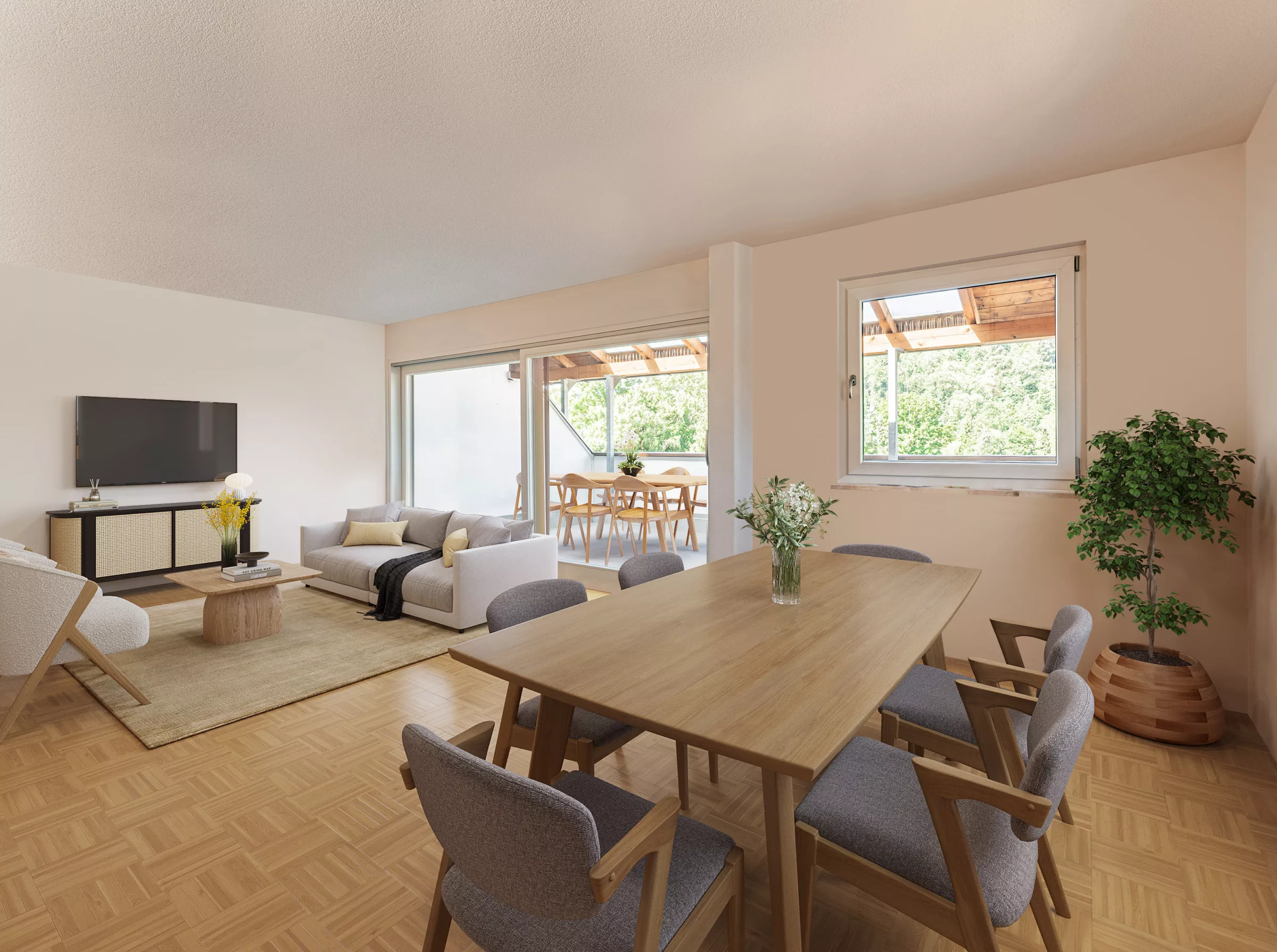 Neubau mit schlichter Einrichtung und großem Balkon