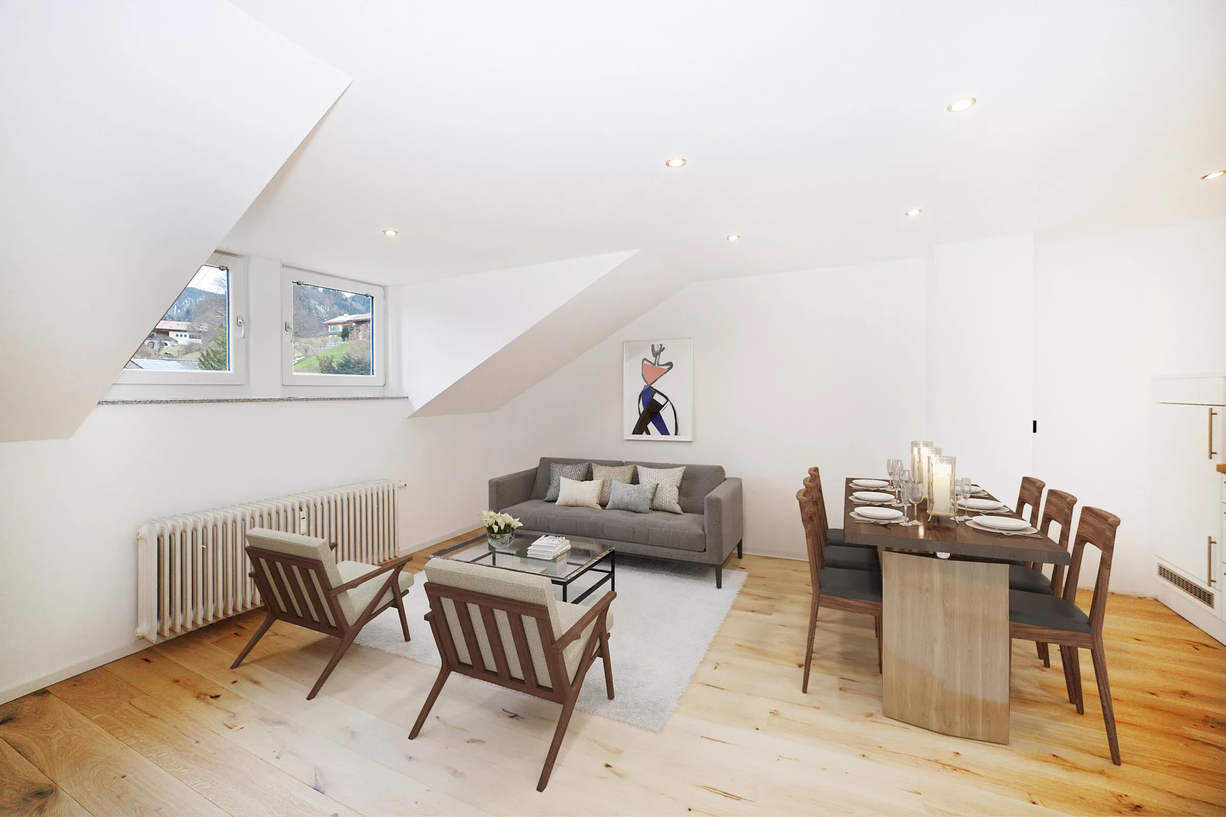 Modernes Wohnzimmer mit gedecktem Esstisch in Vaterstetten