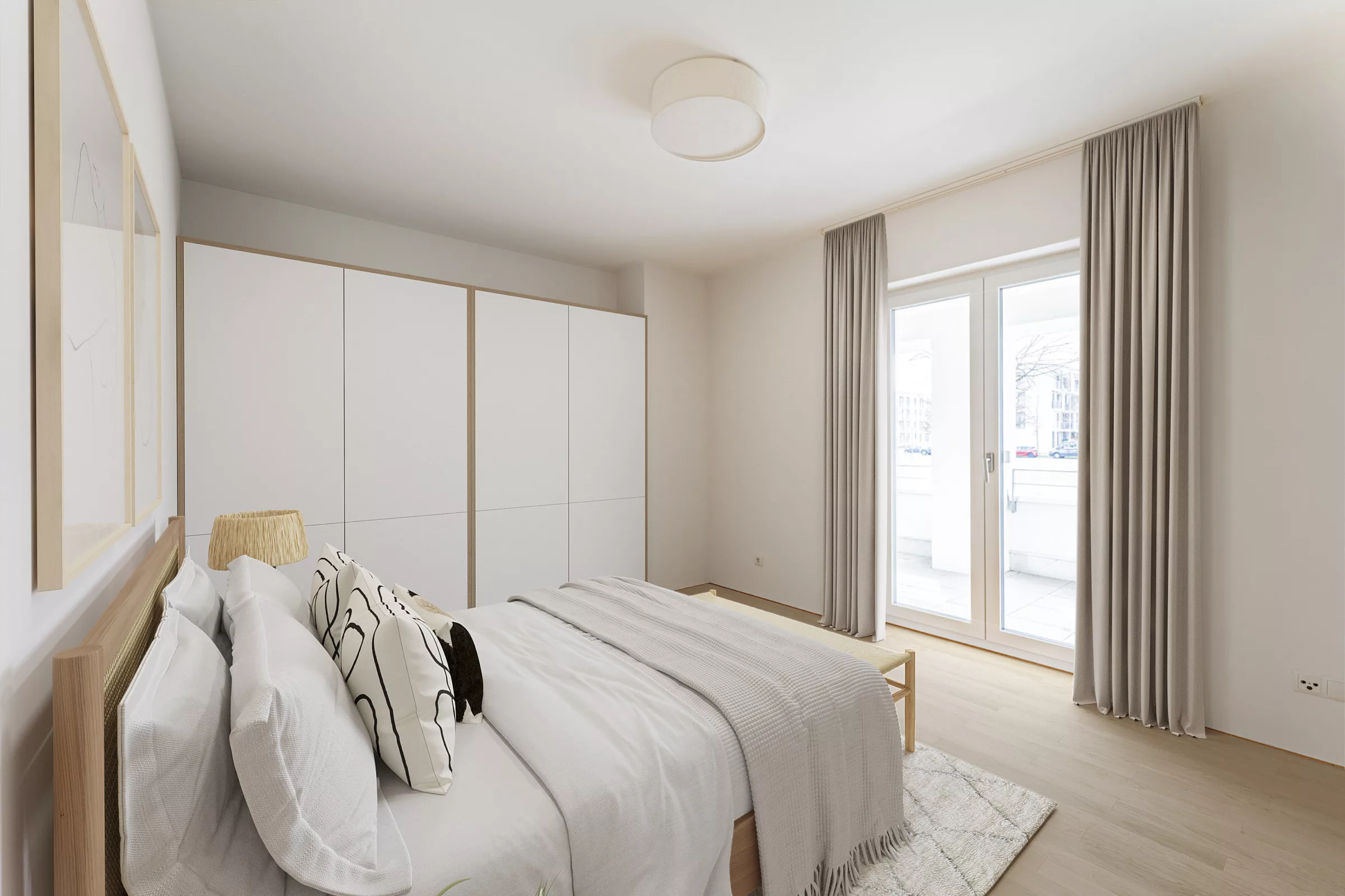Helles Schlafzimmer mit Bett