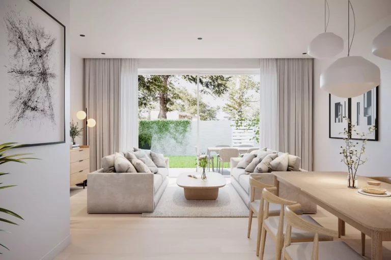 Helles modernes Wohnzimmer mit Gartenblick