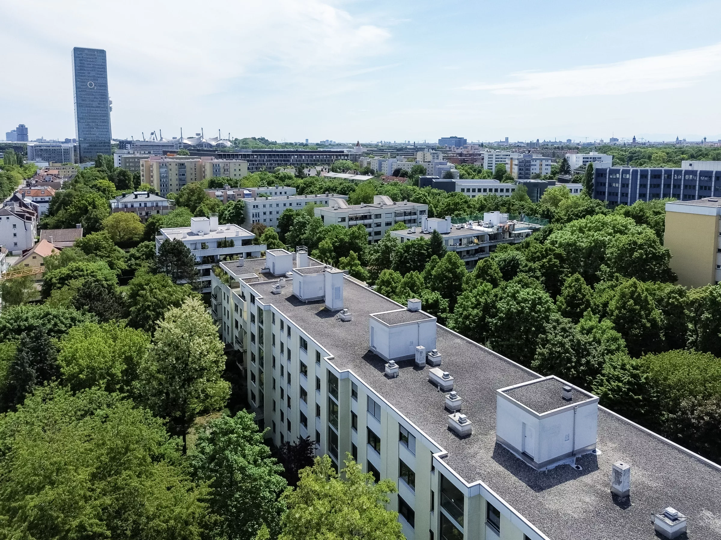 Blick auf städtische Umgebung mit Bäumen.