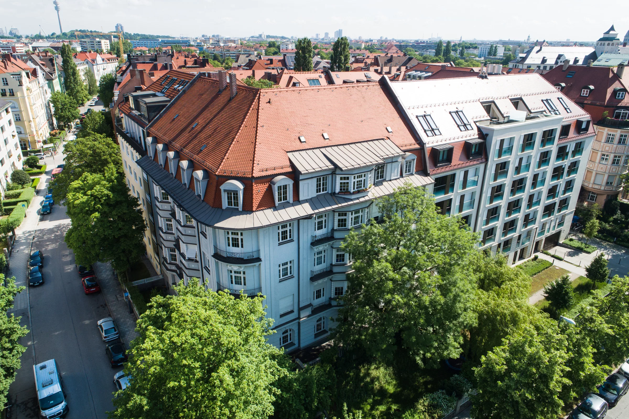 Luftaufnahme von Wohngebäuden und Straßen in Neuhausen-Nymphenburg