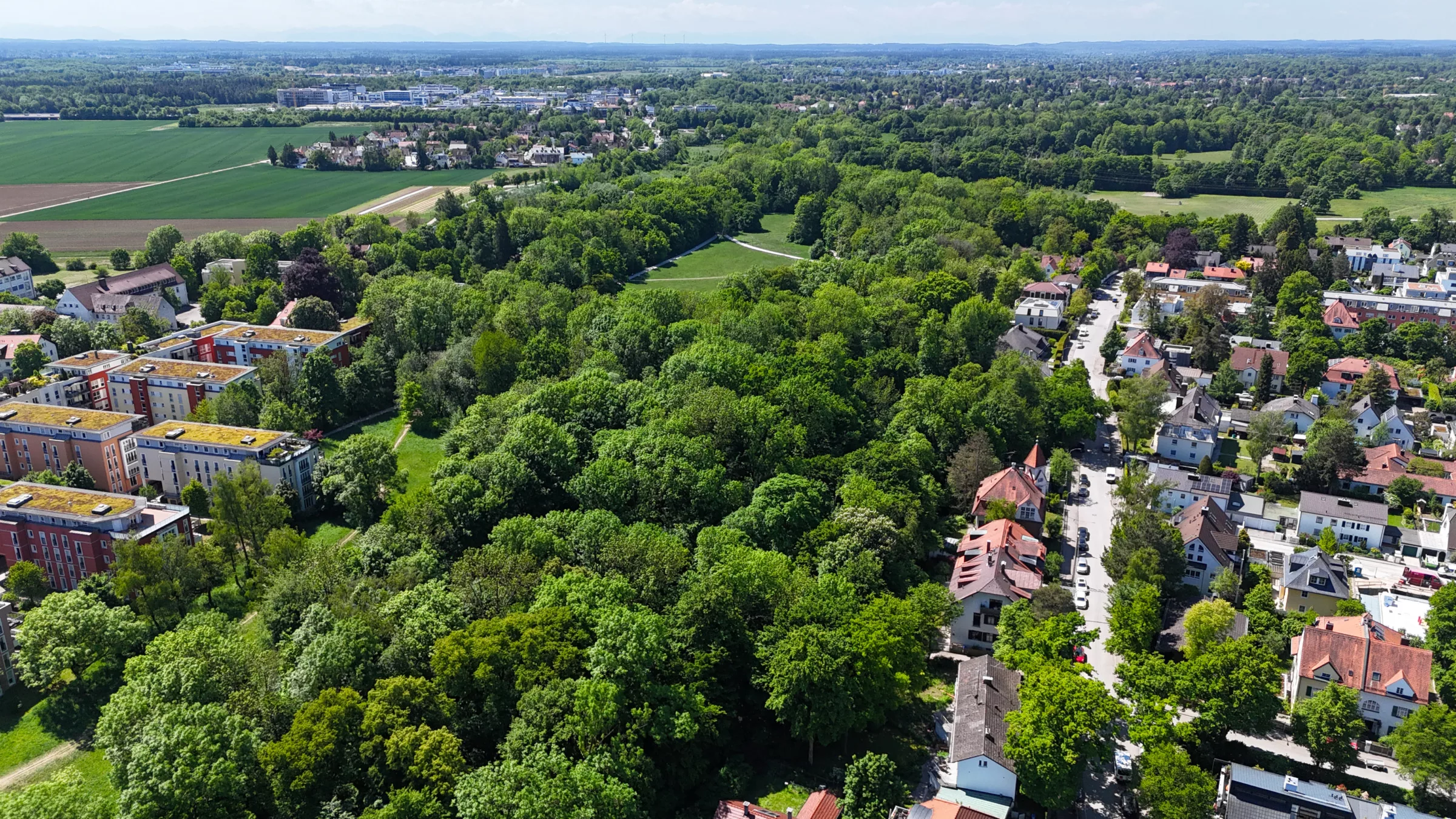 Luftaufnahme von Wohngebieten und Wäldern