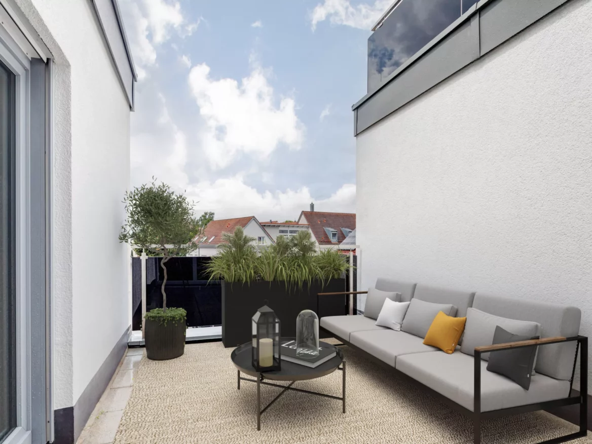 Moderne Terrasse mit Sofagarnitur und Pflanzen.