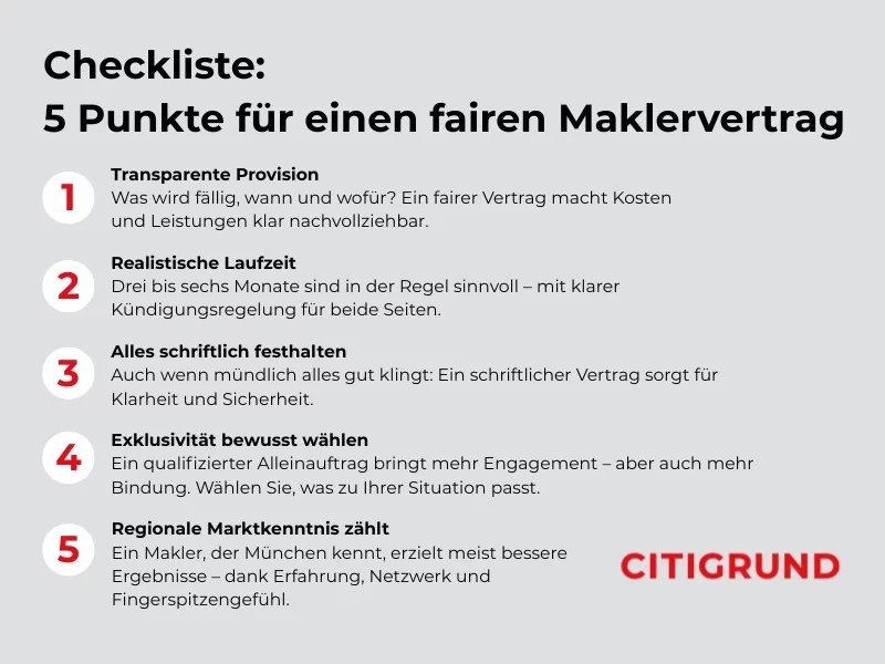 Checkliste für fairen Maklervertrag mit fünf Punkten