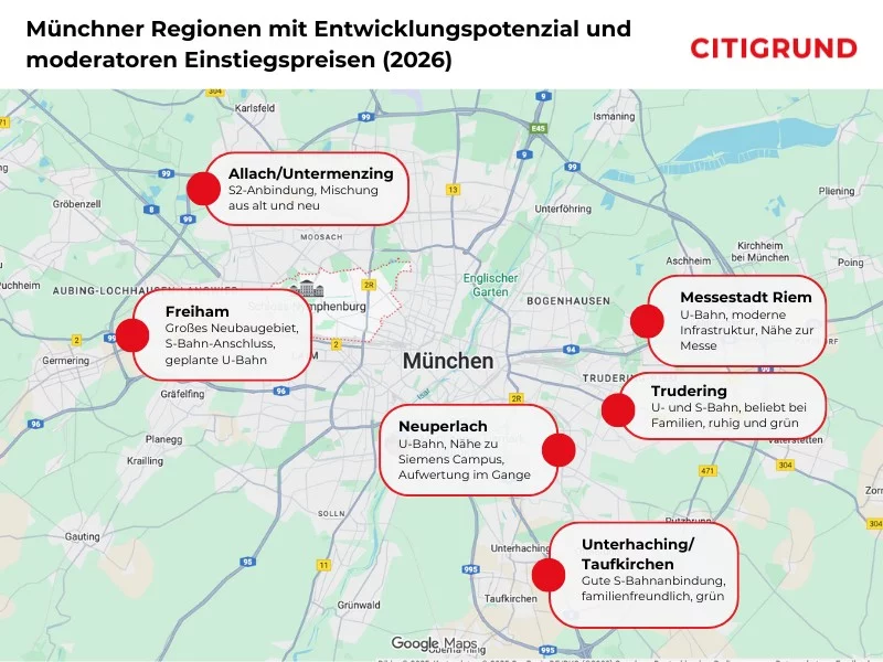 Münchener Regionen mit Entwicklungspotenzial und Preisen