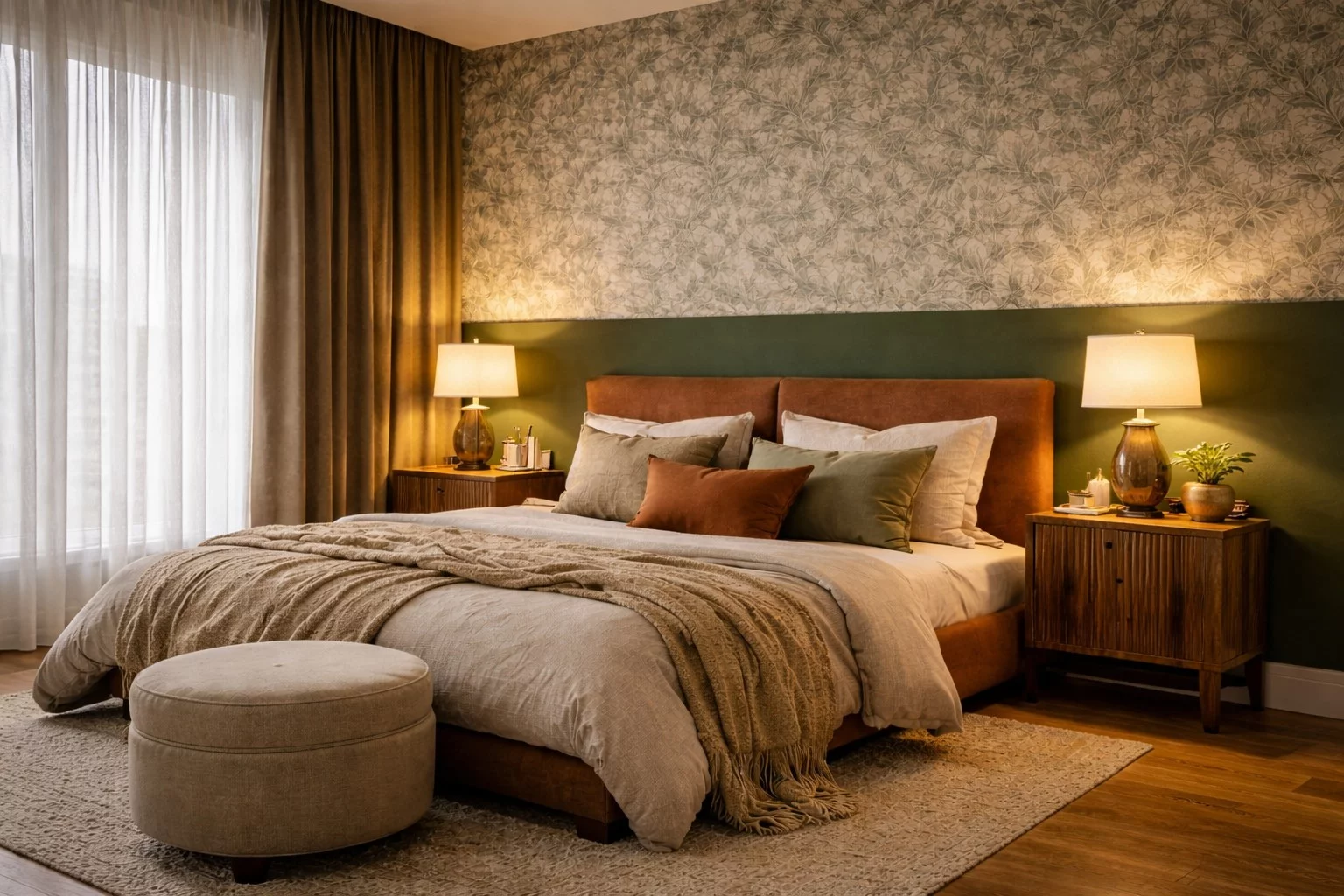 Gemütliches Schlafzimmer mit warmen Farben und Beleuchtung.