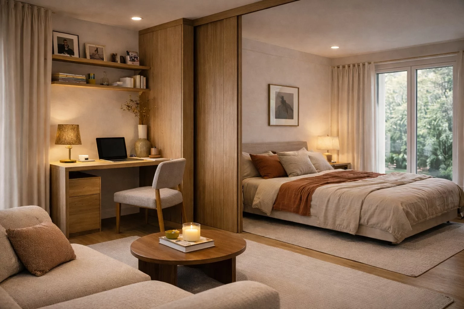 Gemütliches Schlafzimmer mit Arbeitsbereich und Fenster