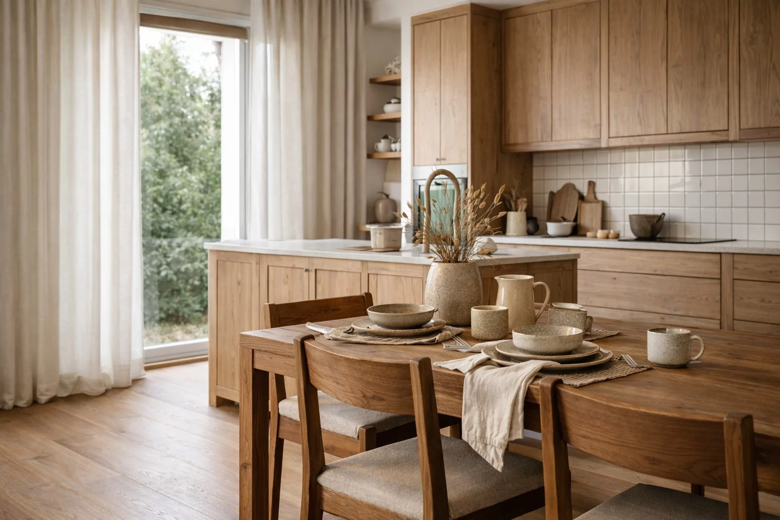 Moderne Küche mit Holzmöbeln und Esstisch.