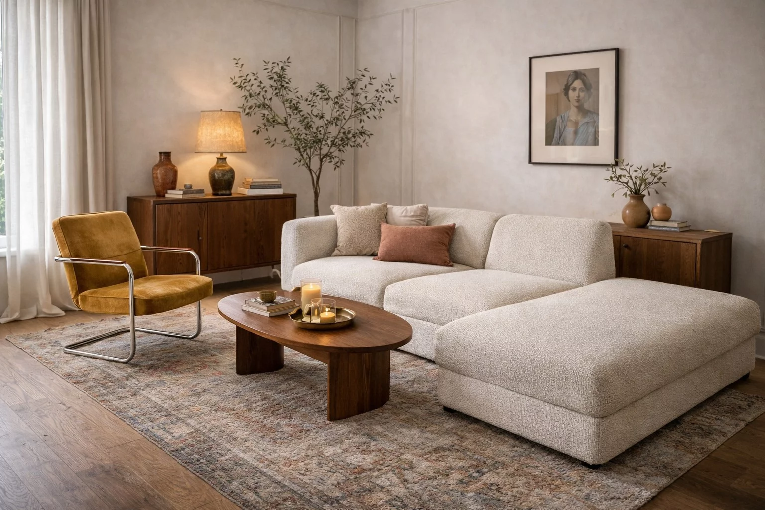 Modernes Wohnzimmer mit gemütlicher Couch und Stuhl