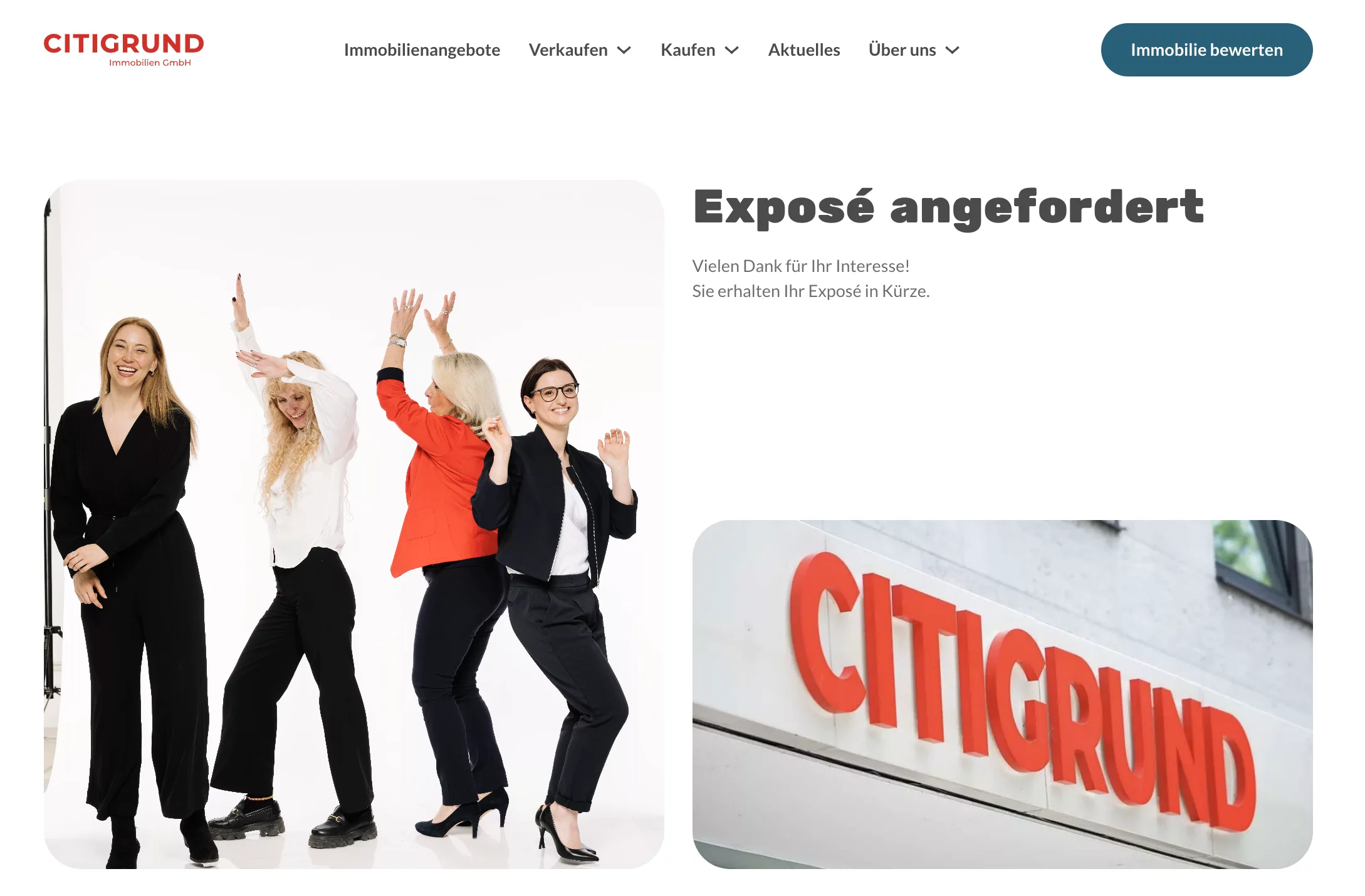 CITIGRUND-Team mit erhobenen Händen neben Hinweis „Exposé angefordert“