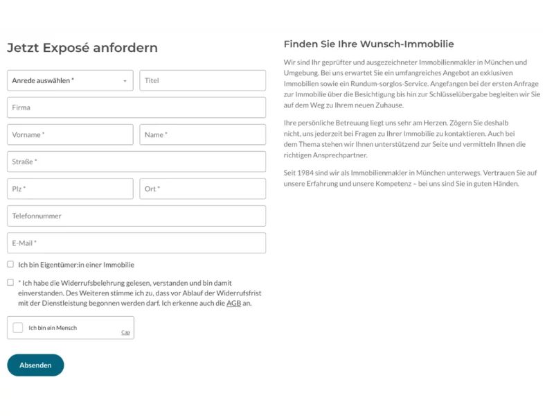 Formular zur Anforderung eines Immobilienexposés in München
