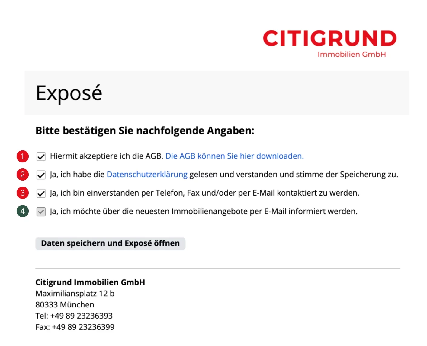 Bestätigungsformular für Immobilienexposé von Citigrund Immobilien